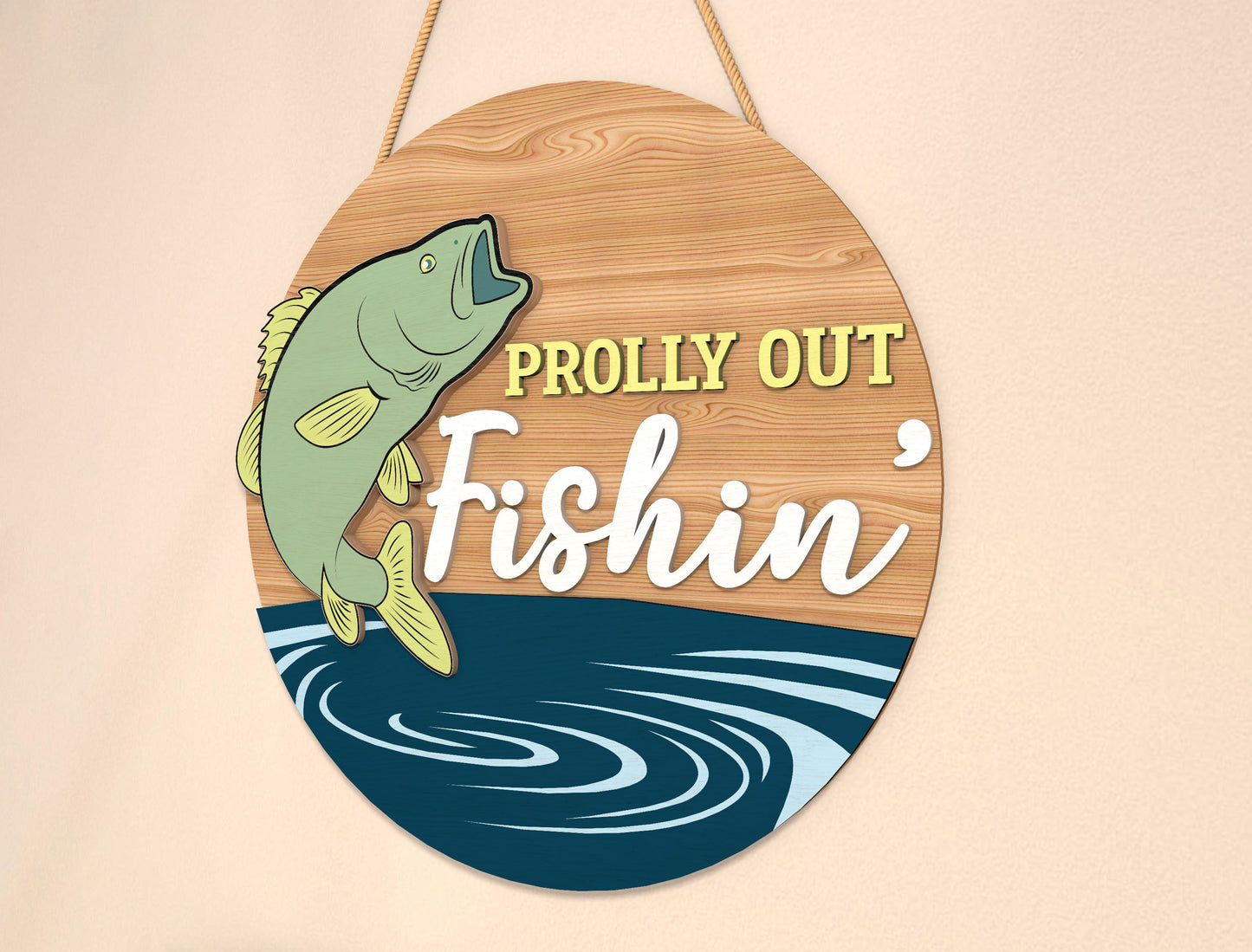 Prolly Out Fishin’ Door Hanger SVG Laser Cut File | Funny Fishing Sign | Rustic Wooden Door Decor | Glowforge, xTool, LightBurn, etc.