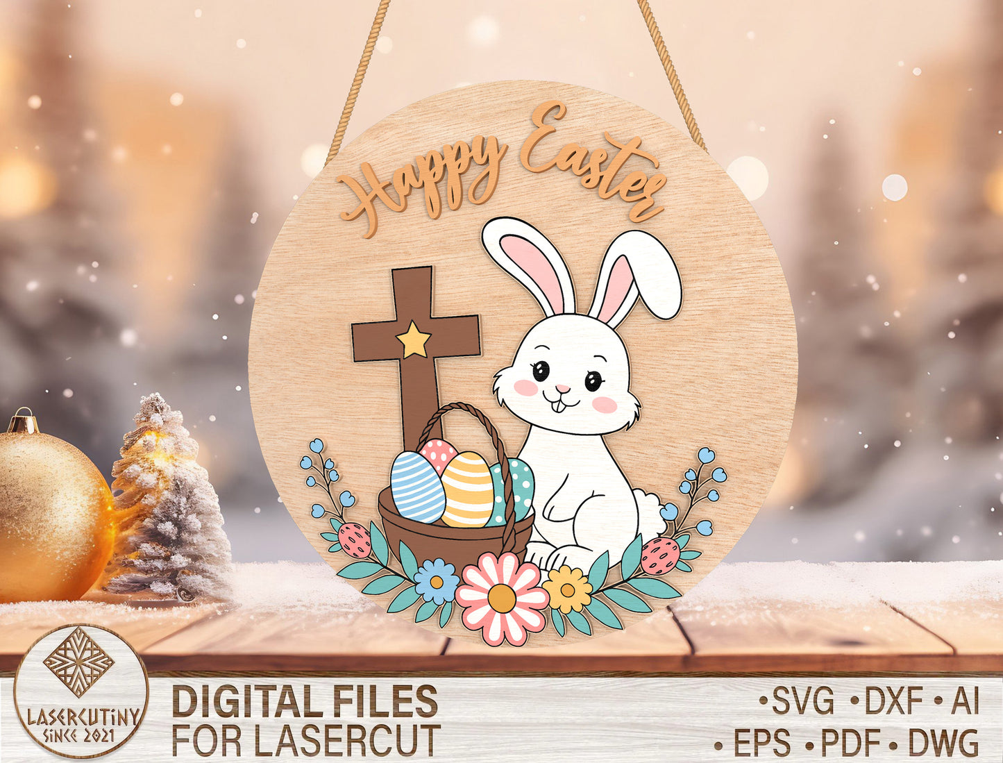 Bunny Cross Door Hanger SVG He Is Risen Rabbit Floral for LightBurn
