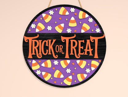 Trick or Treat Round Sign SVG Laser Cut File | 2 Halloween Door Designs | Cute Spooky Decor | Glowforge, xTool, LightBurn, etc.