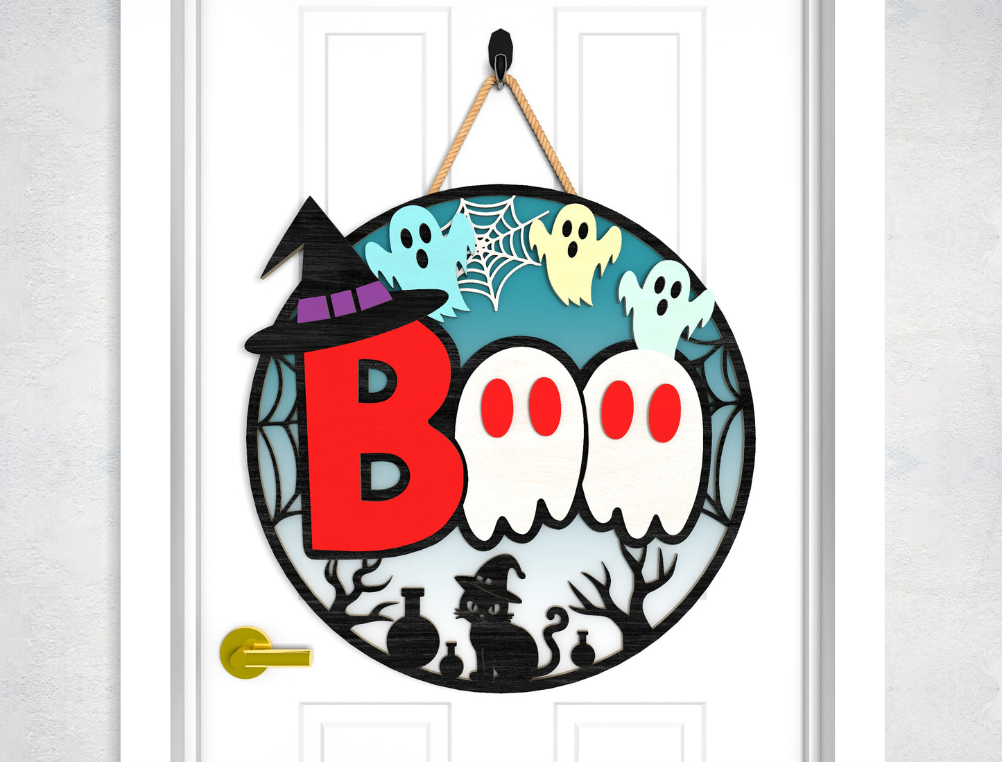 Halloween Door Sign SVG Witch Ghost Laser Cut File for Glowforge