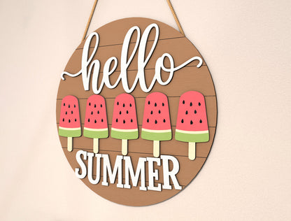 “Hello Summer” Watermelon Popsicle SVG Door Sign for Glowforge