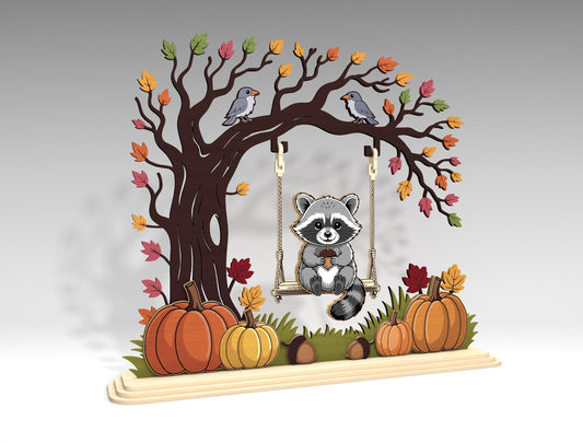 Raccoon on Swing Fall Scene SVG for Glowforge xTool LightBurn