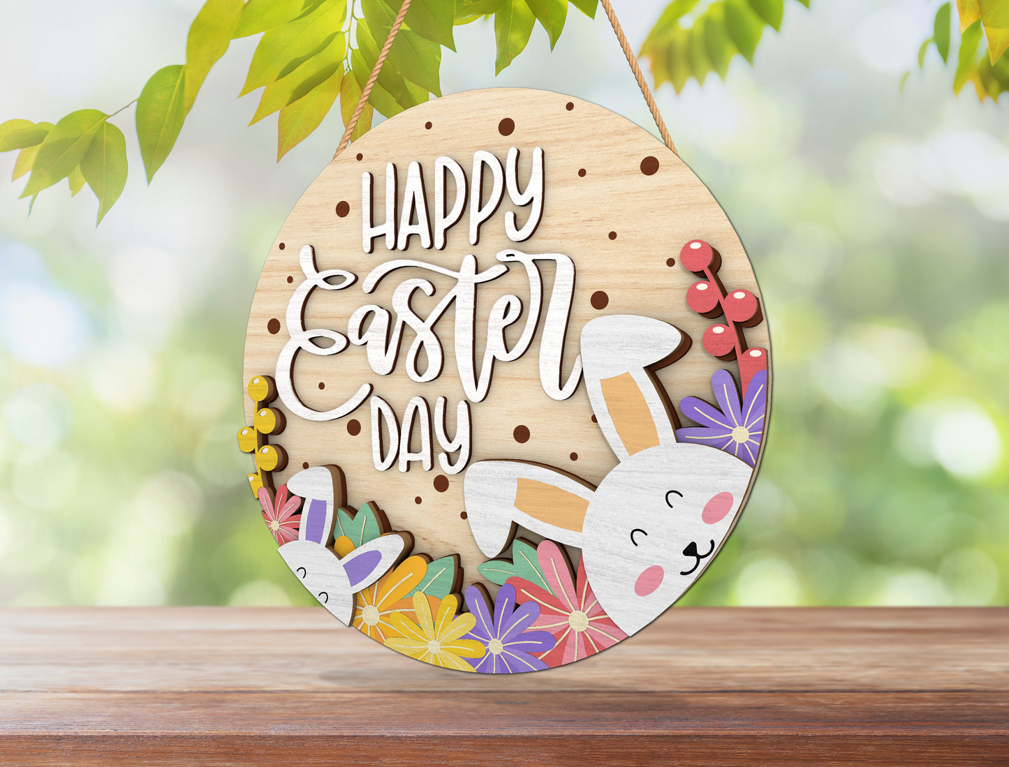 Cute Bunny Floral Round Sign SVG Easter Decor for Glowforge and xTool