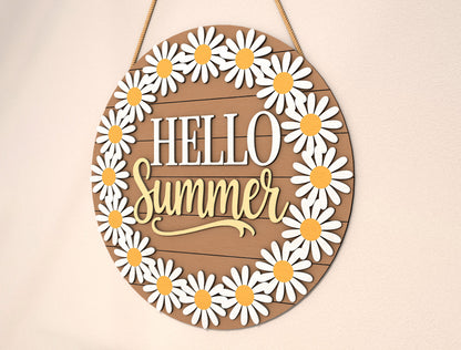 “Hello Summer” Daisy Wreath Door Sign SVG for Glowforge