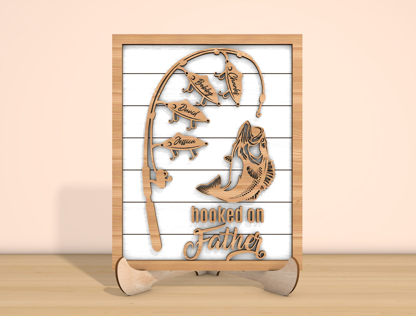 Hooked on Grandpa Fishing Laser Cut File | Personalized Fish Name Sign | Rustic Wooden Decor | Glowforge, xTool, LightBurn, etc.