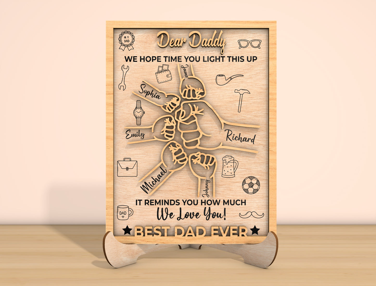 Dear Dad Fist Bump Laser Cut File | Father’s Day Family Hands Sign | Heartfelt Wooden Decor | Glowforge, xTool, LightBurn, etc.