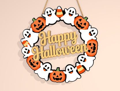 Happy Halloween Ghost Wreath SVG Laser Cut File for xTool and Glowforge