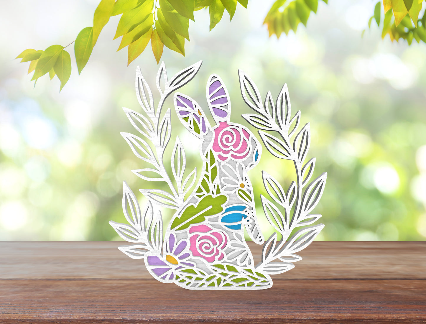 Easter Bunny Layered Floral Stained Glass SVG for LightBurn and Glowforge