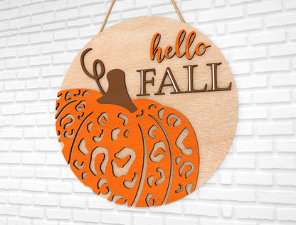 Hello Fall Leopard Pumpkin Door Hanger SVG for Glowforge xTool LightBurn