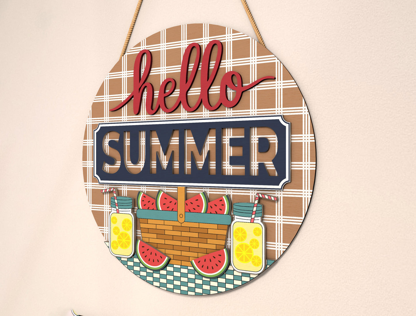 “Hello Summer” Picnic Watermelon SVG Door Sign for Glowforge