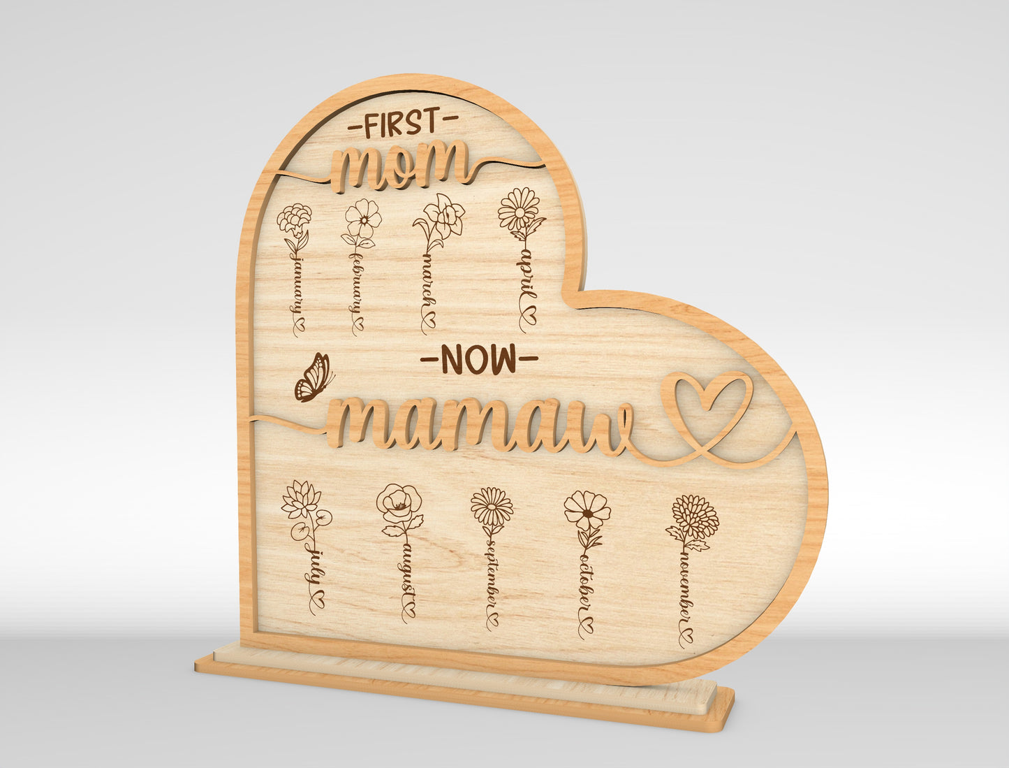First Mom Now Mamaw Personalized Birth Flower Sign SVG for Glowforge and xTool