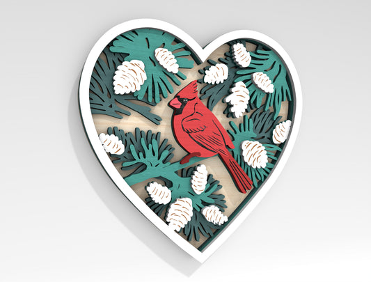 Cardinal Heart Multilayer SVG Winter Bird Layered Wall Decor Laser Cut File for Glowforge and LightBurn