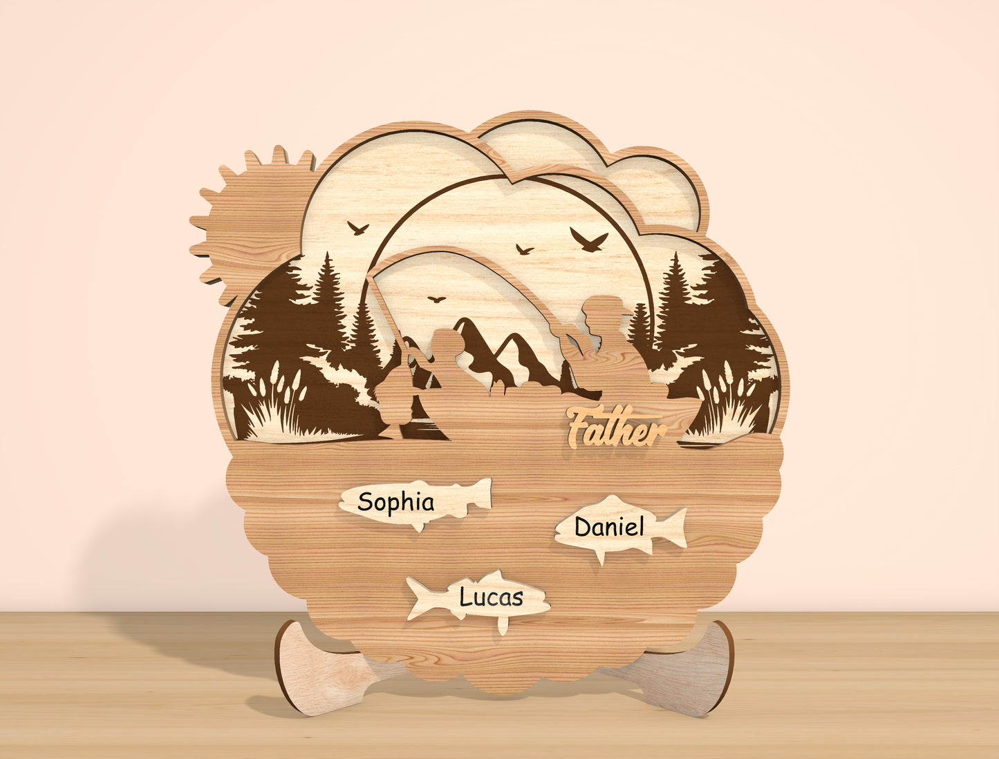 Personalized Dad Fishing Scene SVG Laser Cut File | Family Name Sign Decor | Layered Wooden Art | Glowforge, xTool, LightBurn, etc.