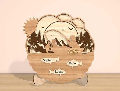 Personalized Dad Fishing Scene SVG Laser Cut File | Family Name Sign Decor | Layered Wooden Art | Glowforge, xTool, LightBurn, etc.