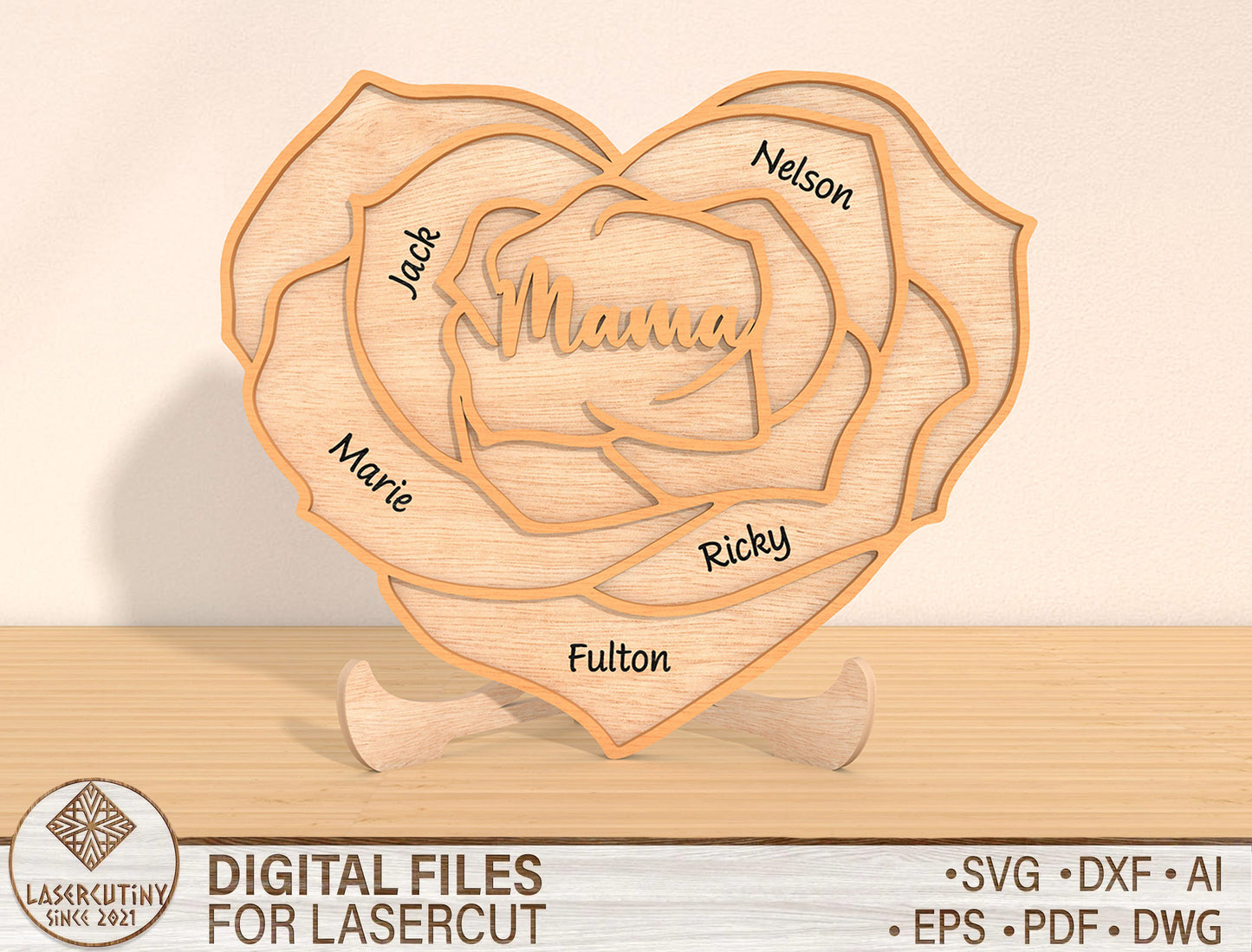 Rose Heart Family Name Sign SVG Bundle for Glowforge and xTool