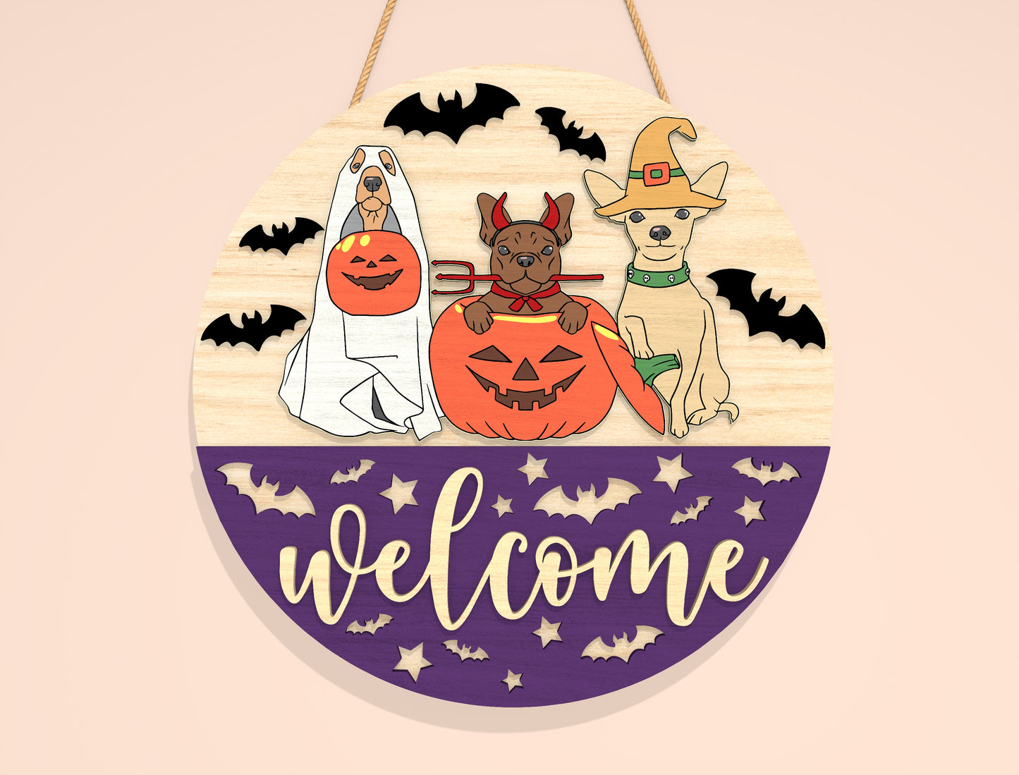 Halloween Pet Costume Door Hanger SVG Laser Cut File | 2 Welcome Designs | Cute Front Door Decor | Glowforge, xTool, LightBurn, etc.