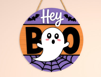 Hey Boo Ghost Round Door Hanger SVG Set for Glowforge xTool LightBurn 2 Designs