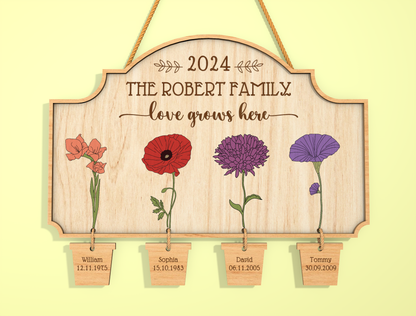 Custom Name Birth Flower Hanging Tag Sign SVG for LightBurn