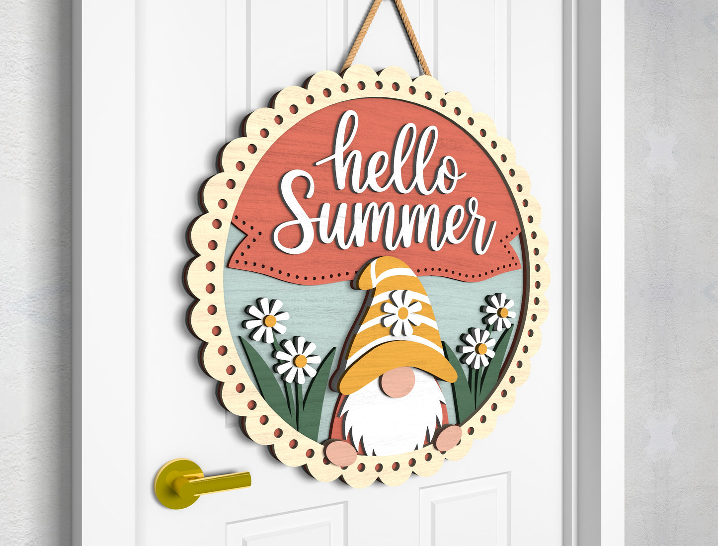 Hello Summer Gnome Daisy Flowers Door Sign SVG for Glowforge