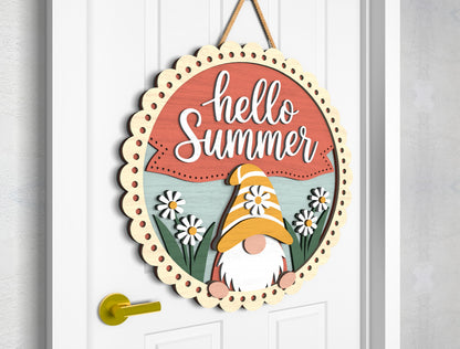 Hello Summer Gnome Daisy Flowers Door Sign SVG for Glowforge