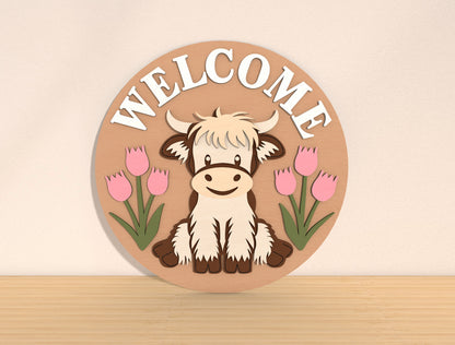 Spring Round Door Hanger SVG Highland Cow Hello Spring for LightBurn