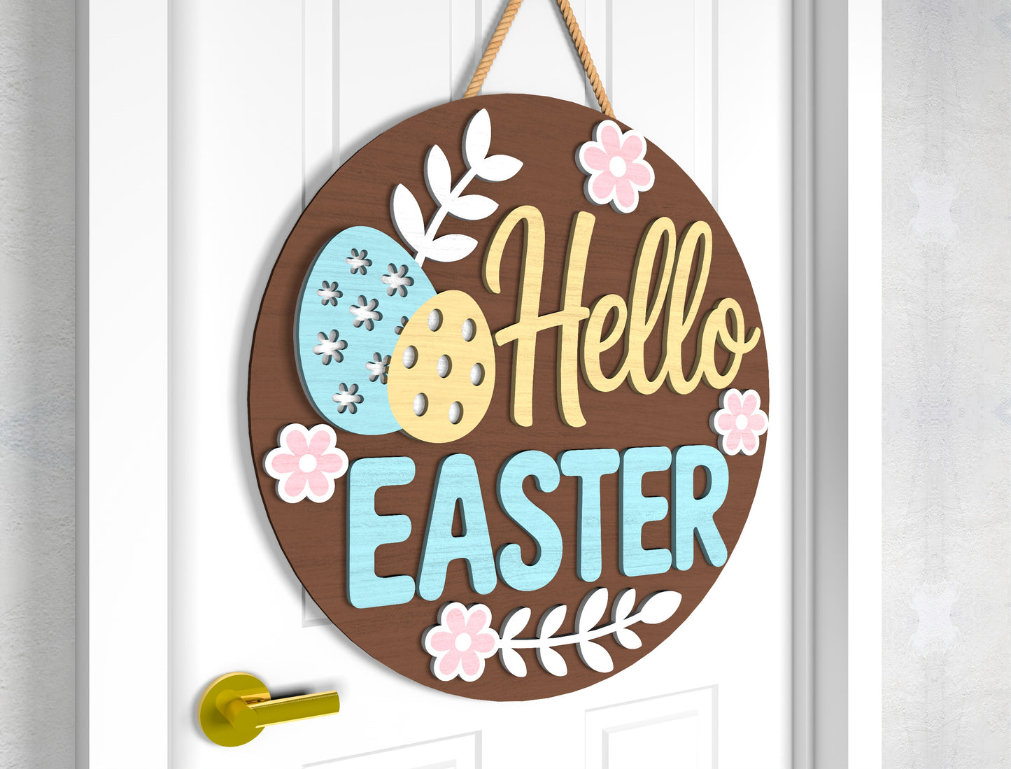 Hello Easter Door Sign SVG Pastel Spring Minimal Floral for LightBurn and xTool