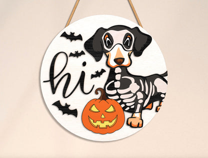 Trick or Treat Hi Skeleton Dachshund Halloween Door Hanger SVG Set for Glowforge xTool