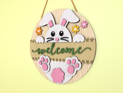 Bunny Welcome Round Door Sign SVG Easter Day Decor for LightBurn and xTool