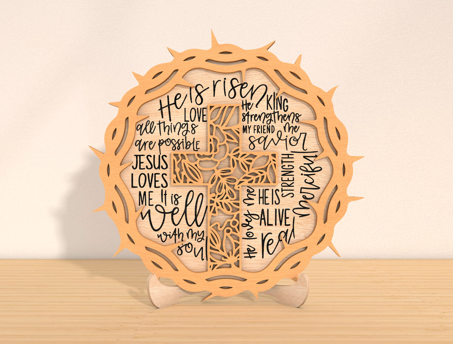 Easter Christian Cross Laser Cut File | He Is Risen Scripture Sign SVG | Wooden Religious Easter Table Decor | Glowforge, xTool, LightBurn, etc.