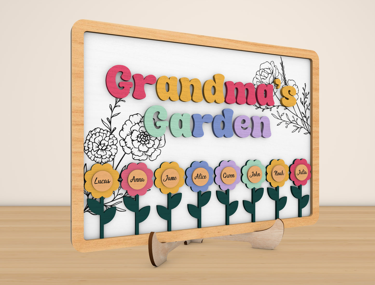 Grandma’s Garden Laser Cut File | Personalized Flower Name Sign | Mother’s Day Wooden Decor | Glowforge, xTool, LightBurn, etc..