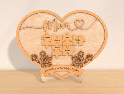 Personalized Mom Puzzle Heart Sign SVG 8 Names for Glowforge and xTool