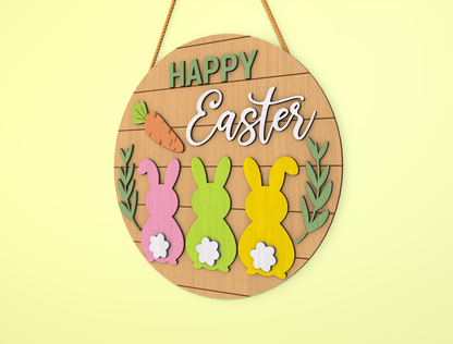Happy Easter Bunny Round Door Sign SVG Layered Decor for Glowforge
