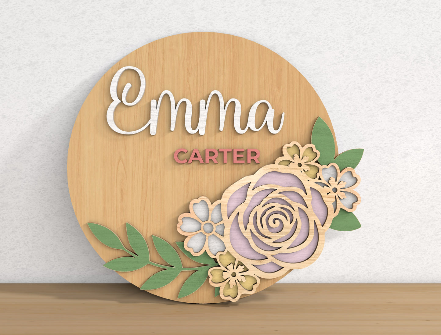 Personalized Floral Name Door Hanger SVG Custom Flower Round Sign Laser Cut File for Glowforge and xTool