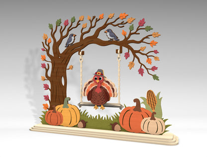 Turkey on Swing Fall Scene SVG for Glowforge xTool LightBurn