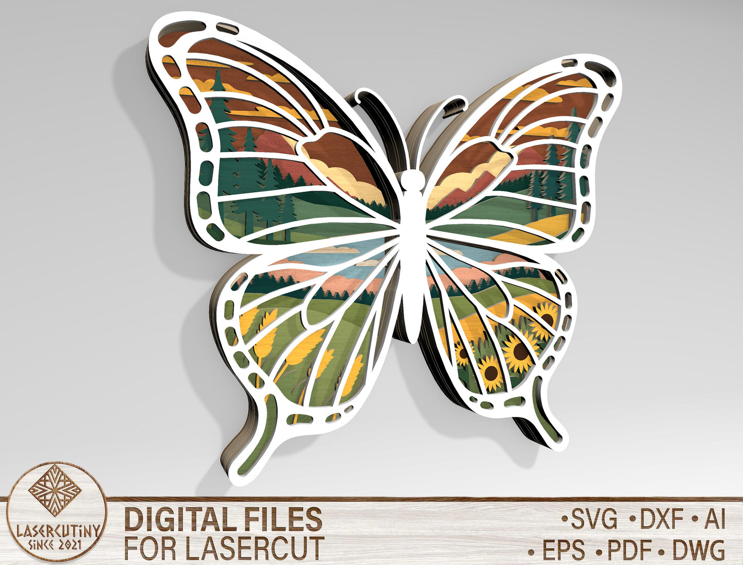 Multilayer Butterfly Landscape SVG Laser Cut File for LightBurn and Glowforge