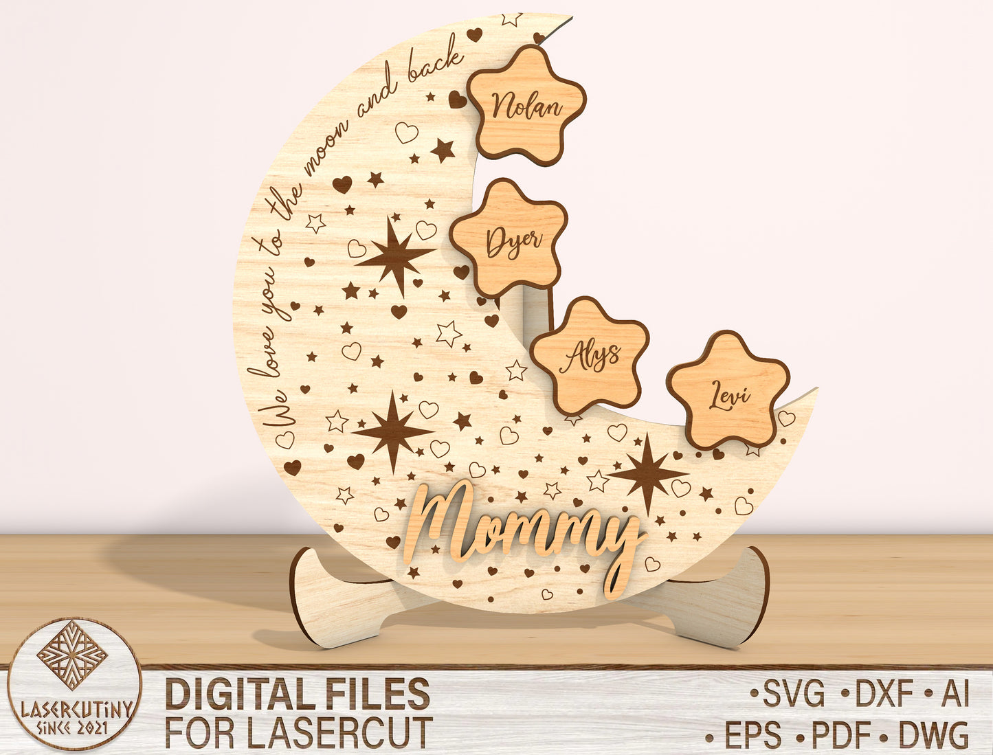 Mom Moon Stars Personalized Kids Name Sign SVG for Glowforge and xTool