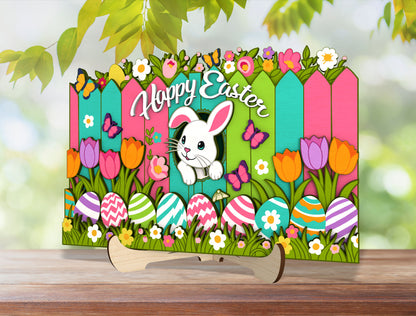 Happy Easter Bunny Tabletop Sign SVG 5 Layer Fence Scene for Glowforge