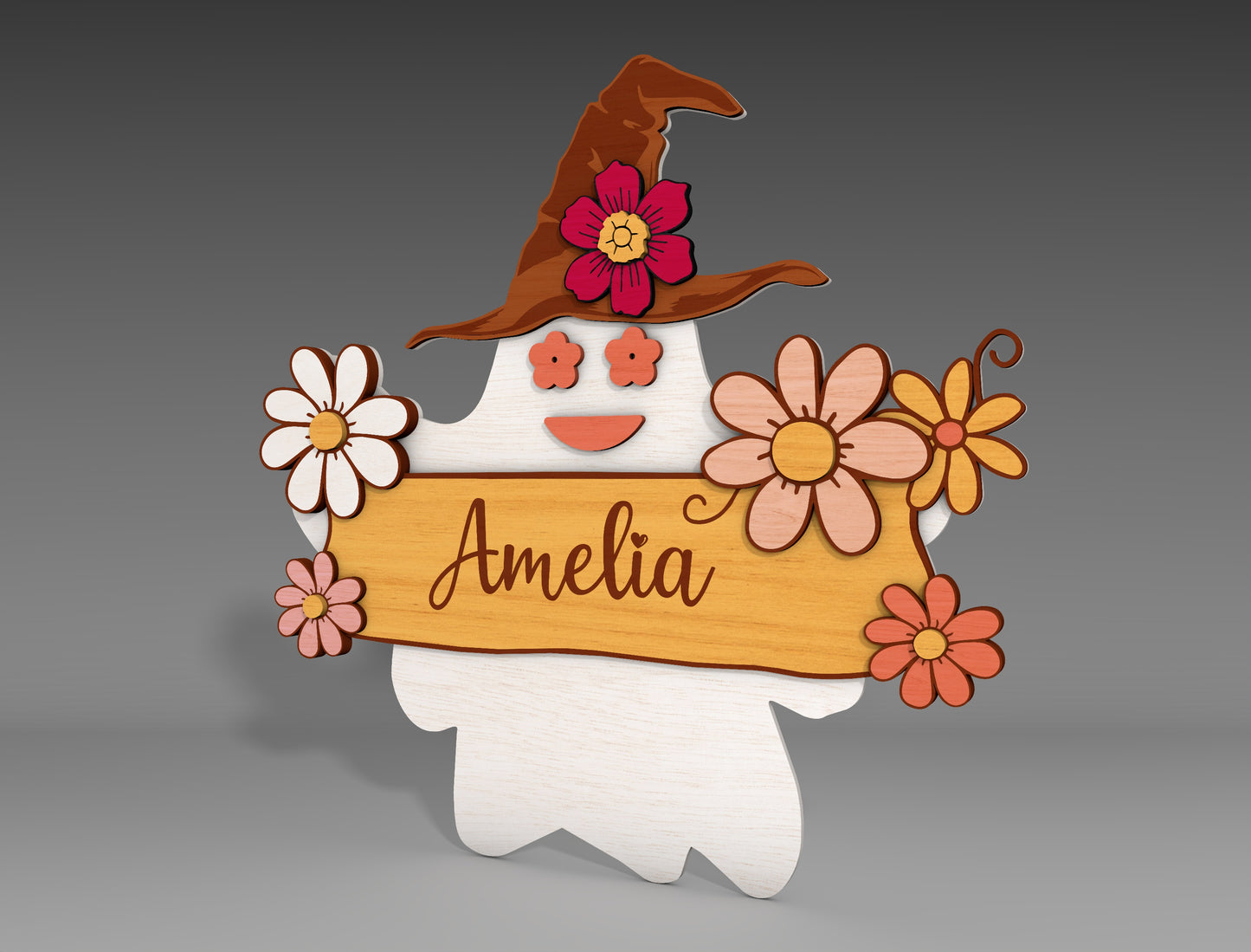 Halloween Ghost Name Sign SVG for Glowforge xTool Floral Witch Hat Sitter