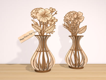 Wooden Flower Vase SVG Bundle 3 Vases 21 Flowers for LightBurn and xTool