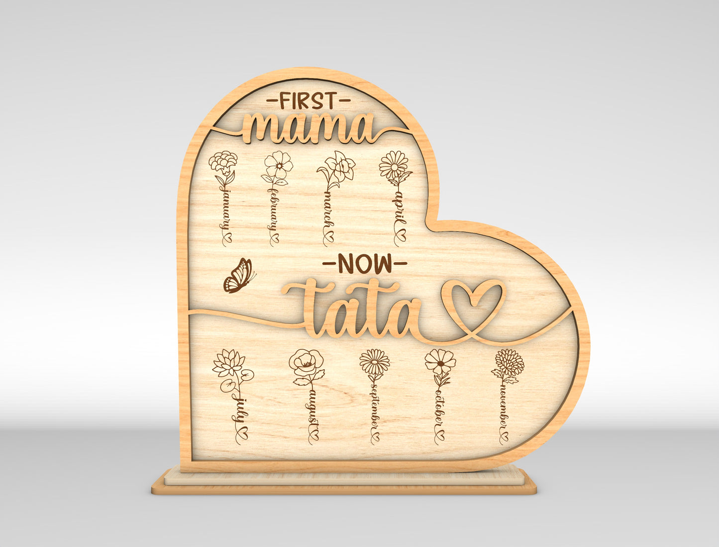 First Mama Now Tata Mimi Birth Flower Sign SVG Laser Cut File for LightBurn and xTool