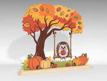 Hedgehog on Swing Fall Scene SVG for Glowforge xTool LightBurn