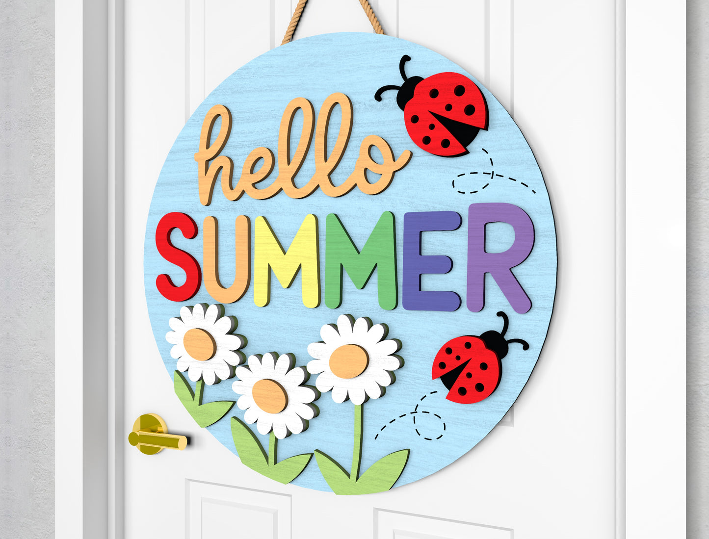 Hello Summer Daisy Ladybug Door Hanger SVG Laser Cut File for Glowforge and xTool