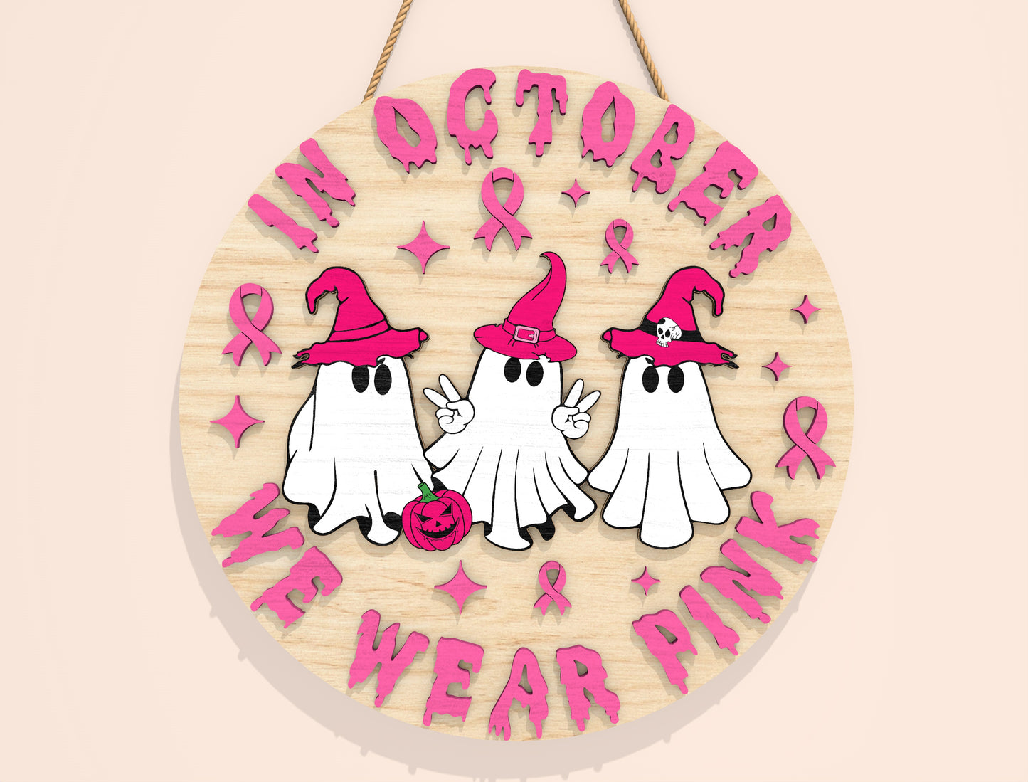 In October We Wear Pink Door Hanger SVG Bundle Laser Cut File | 4 Breast Cancer Awareness Designs | Wooden Round Decor | Glowforge, xTool, LightBurn, etc.