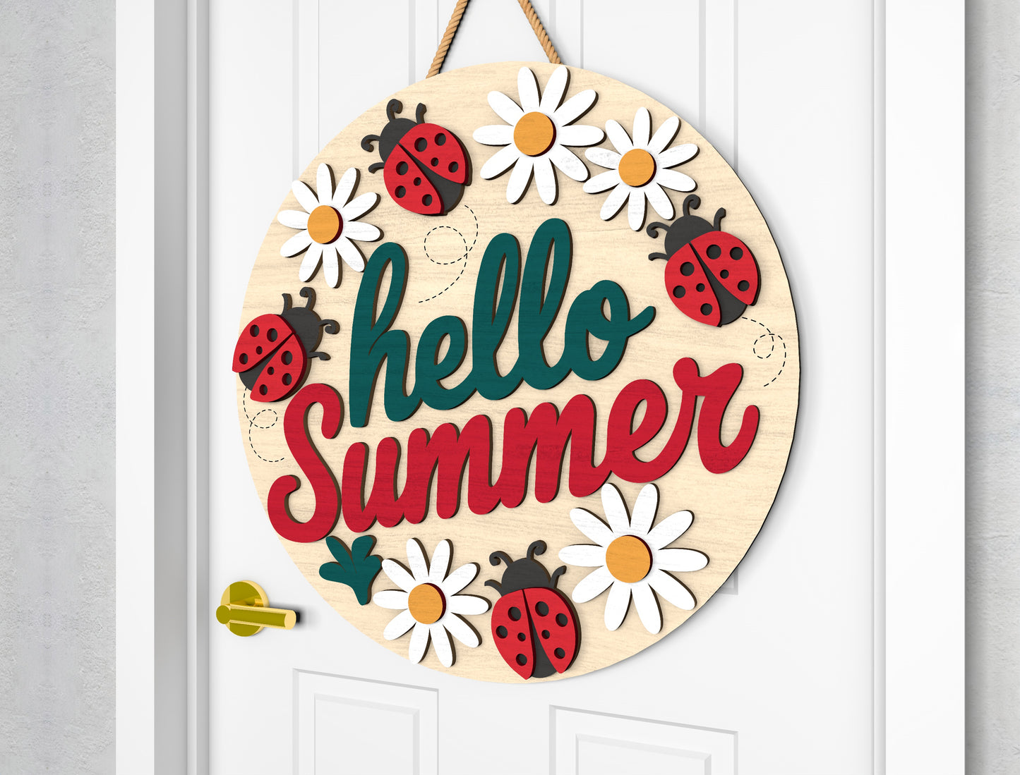 Hello Summer Daisy Ladybug Door Hanger SVG – Cute Floral Polka Dot Decor – Laser Cut File