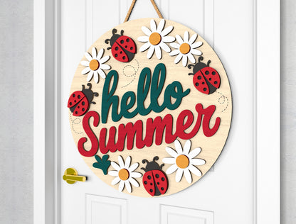 Hello Summer Daisy Ladybug Door Hanger SVG – Cute Floral Polka Dot Decor – Laser Cut File