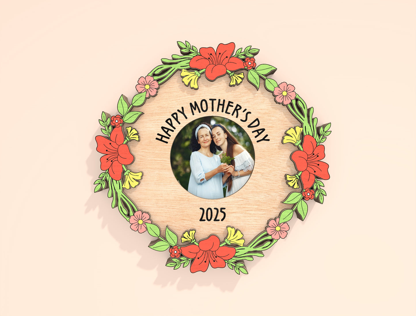 Mother’s Day Floral Wreath Laser Cut File Bundle | Photo Frame Decor | Layered Wooden Circle Designs | Glowforge, xTool, LightBurn, etc.