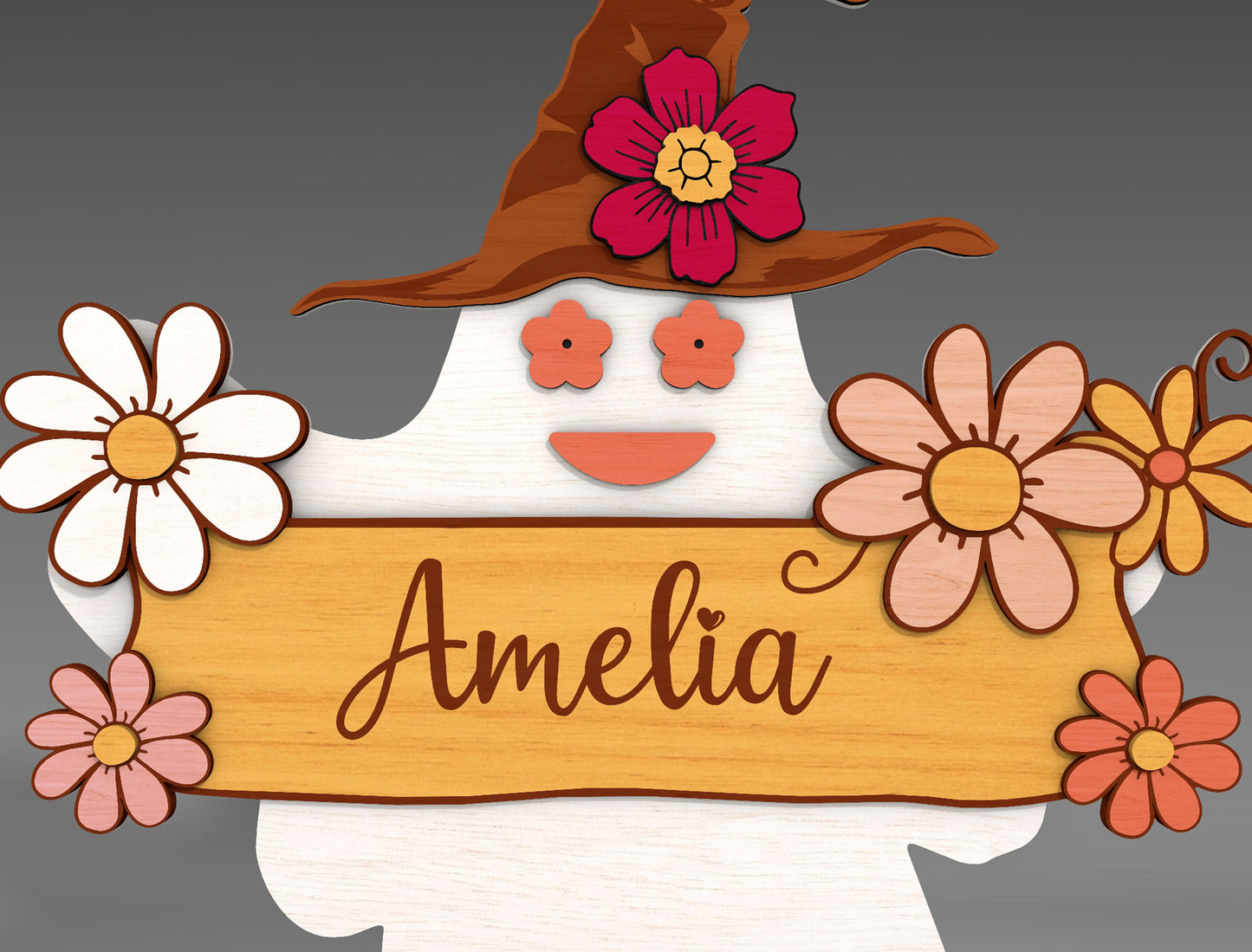 Halloween Ghost Name Sign SVG for Glowforge xTool Floral Witch Hat Sitter
