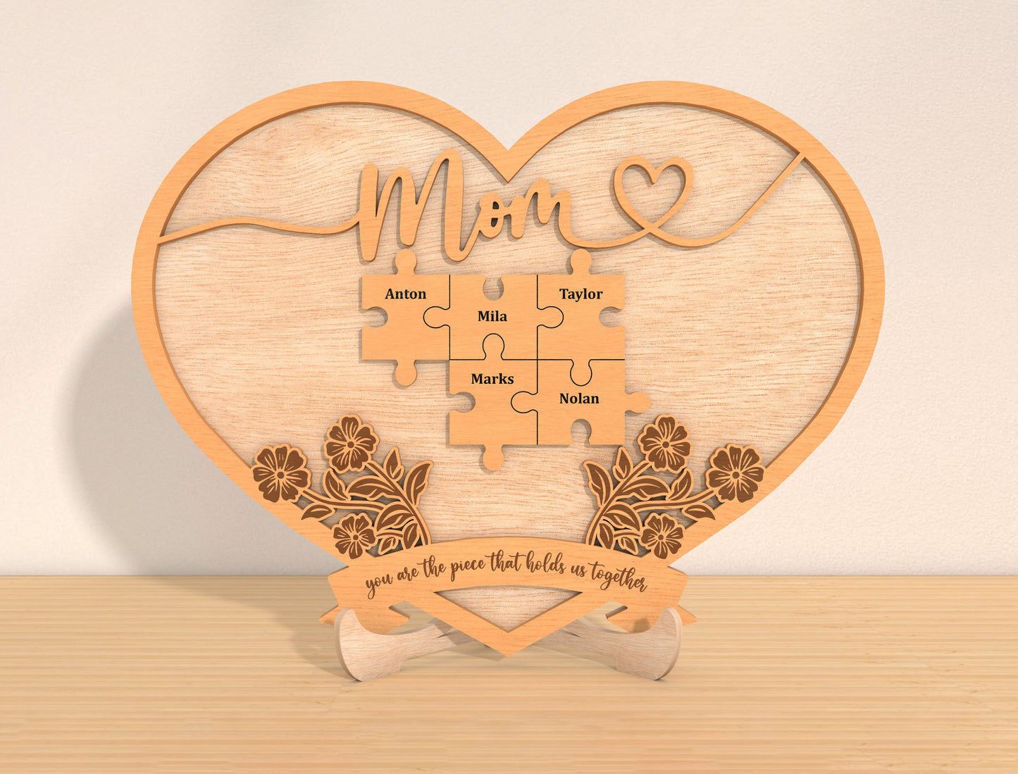 Personalized Mom Puzzle Heart Sign SVG 8 Names for Glowforge and xTool