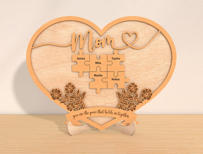 Personalized Mom Puzzle Heart Sign SVG 8 Names for Glowforge and xTool