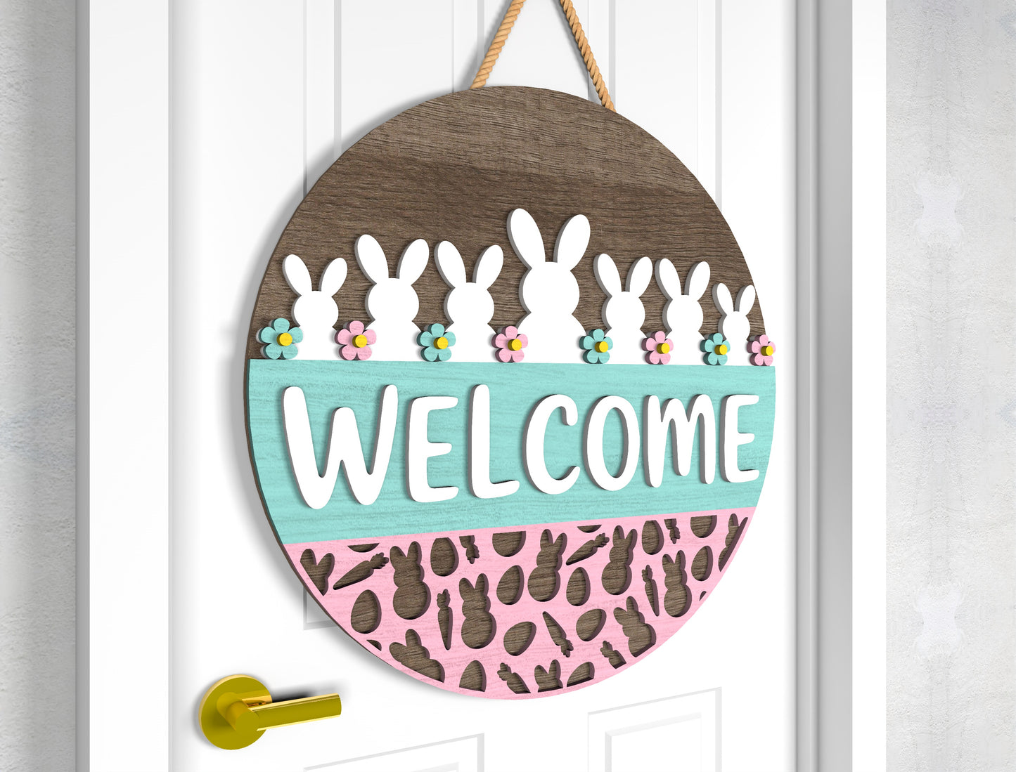 Easter Bunny Hello Chicks Door Sign SVG Layered Welcome for LightBurn and xTool